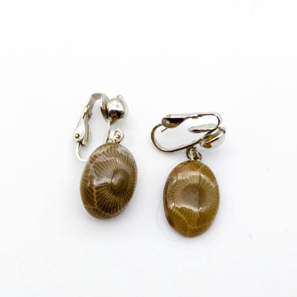 Petoskey Stone Fossil Earrings, Polished Oval Cabochon in Silver Tone Clip Ons, - Picture 1 of 5